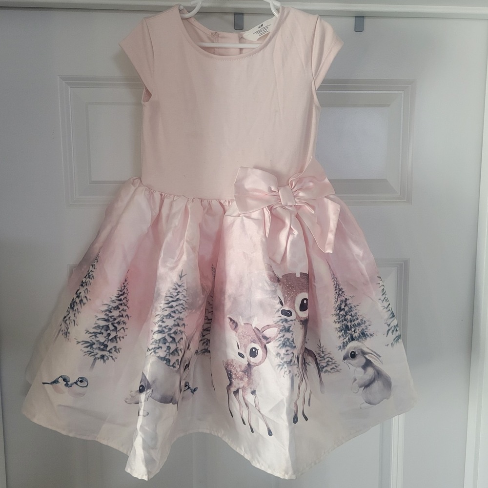 H&M Girls US 5T/6Lined Holiday Dress Deer/bunny Satin Lower Stretch S/S Upper
